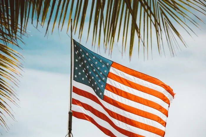 Bandera de Estados Unidos ondeando junto a hojas de palmera contra un cielo azul