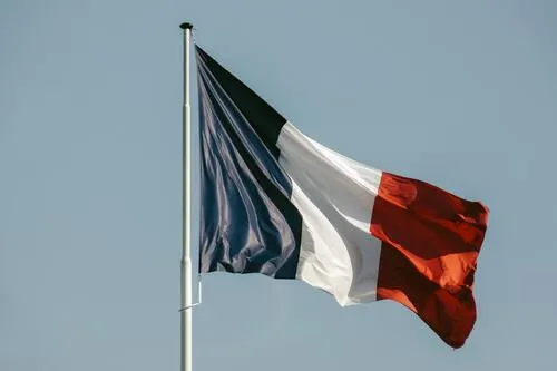 Bandera de Francia ondeando en un mástil contra un cielo gris