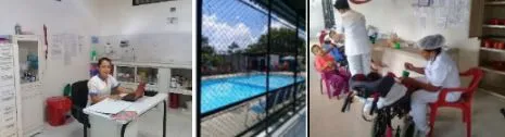 Collage de instalaciones con una enfermería, una piscina y una persona atendiendo a otra en una silla