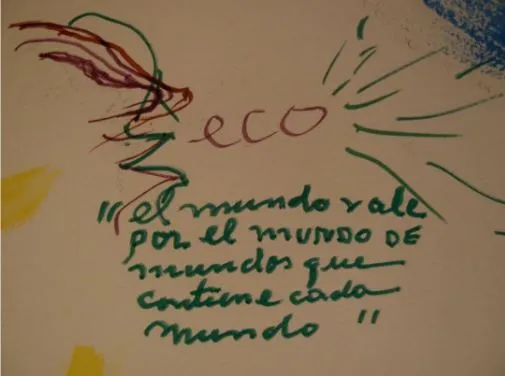 Dibujo a mano de una boca con la palabra «Eco» y la frase «El mundo vale por el mundo de mundos que contiene cada mundo», de Daniella A. Ramírez Paz