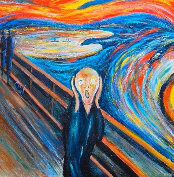 Pintura expresionista de «El grito», una figura con las manos en el rostro sobre un puente y un cielo de colores ondulantes