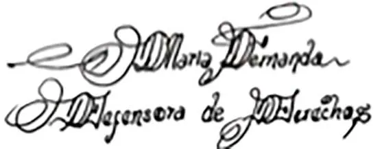 Firma manuscrita «María Demanda, Defensora de Derechos» en tinta negra sobre fondo blanco