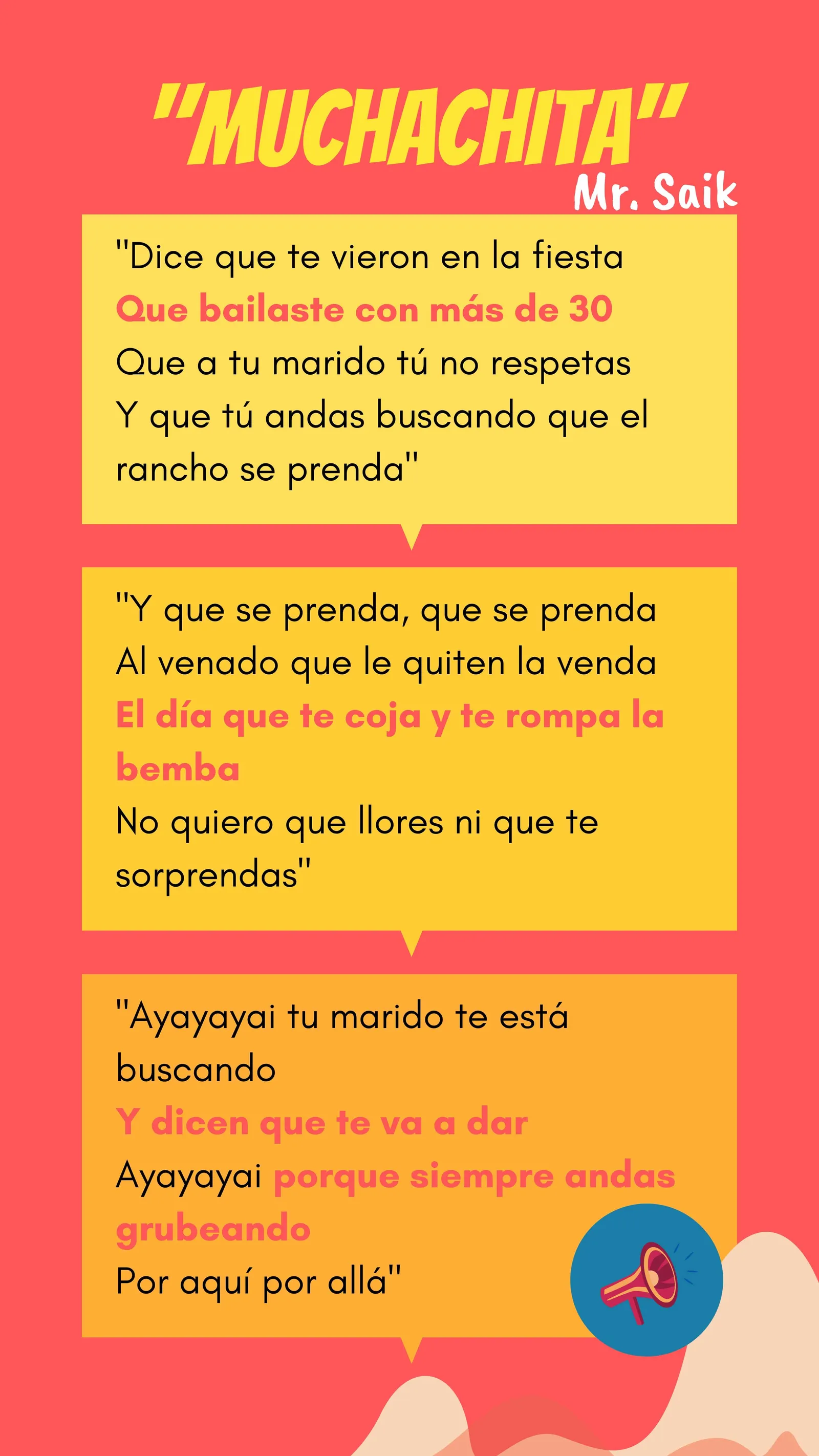 Gráfico rojo «Muchachita» de Mr. Saik con tres fragmentos resaltados de la letra de la canción
