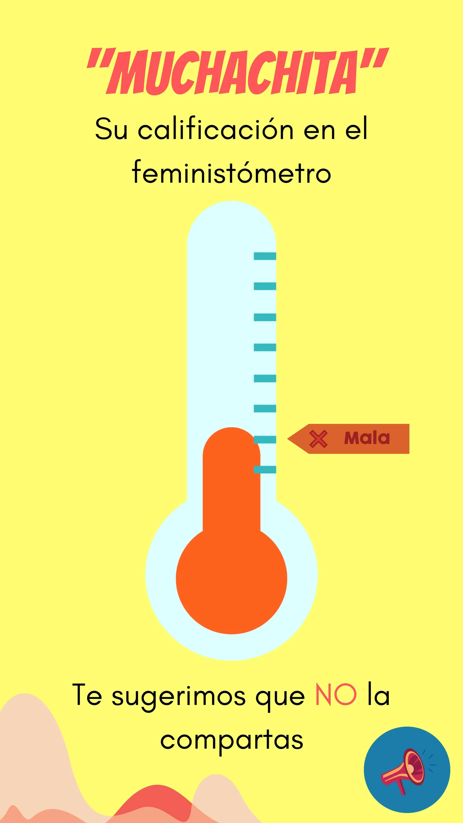 Gráfico amarillo «Muchachita» con un termómetro lleno en naranja y el mensaje «Te sugerimos que NO la compartas»