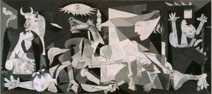 Pintura «Guernica» de Pablo Picasso, en blanco, negro y grises, con figuras fragmentadas de personas y animales