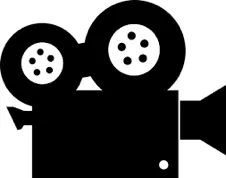 Ícono negro de una cámara de cine antigua con dos carretes
