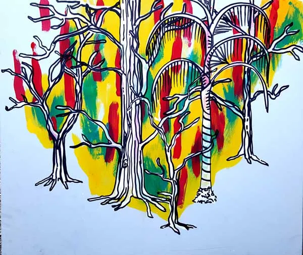 Ilustración de árboles sin hojas dibujados en negro sobre manchas de pintura amarilla, roja y verde