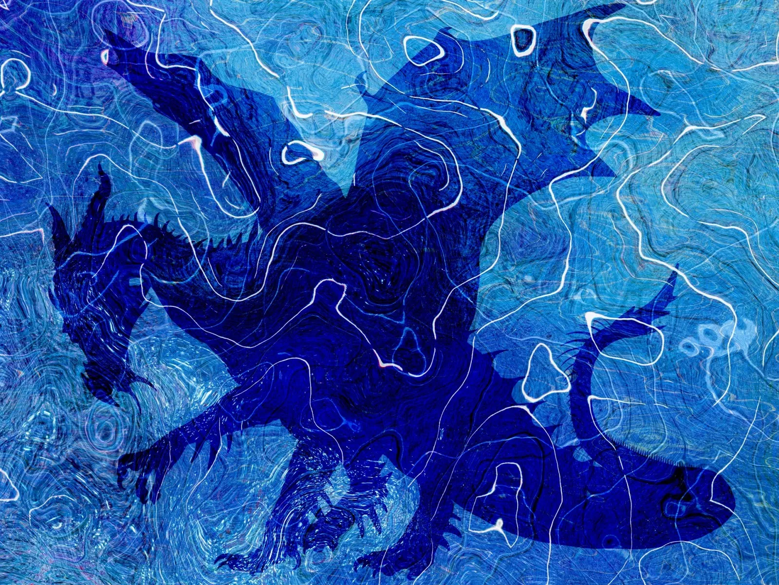 Ilustración de la silueta de un dragón en tonos azules con líneas de contorno