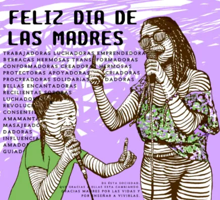 Ilustración morada «Feliz día de las madres» con dos mujeres cantando y una lista de palabras como «luchadoras»