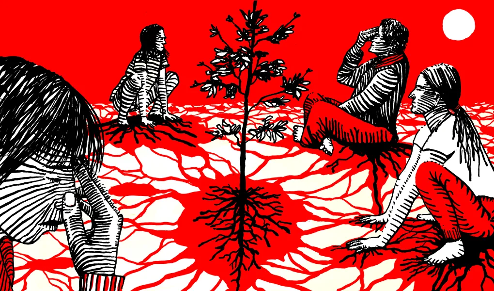 Ilustración en rojo, blanco y negro de mujeres sentadas alrededor de un árbol cuyas raíces se extienden por el suelo