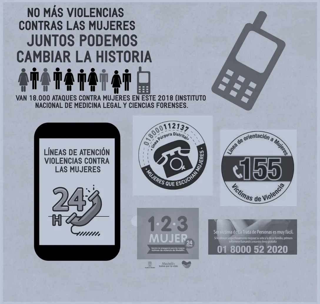 Infografía «Más violencias contra las mujeres» con líneas de atención 155, 123 Mujer y línea 24 horas, y la frase «Juntos podemos cambiar la historia»