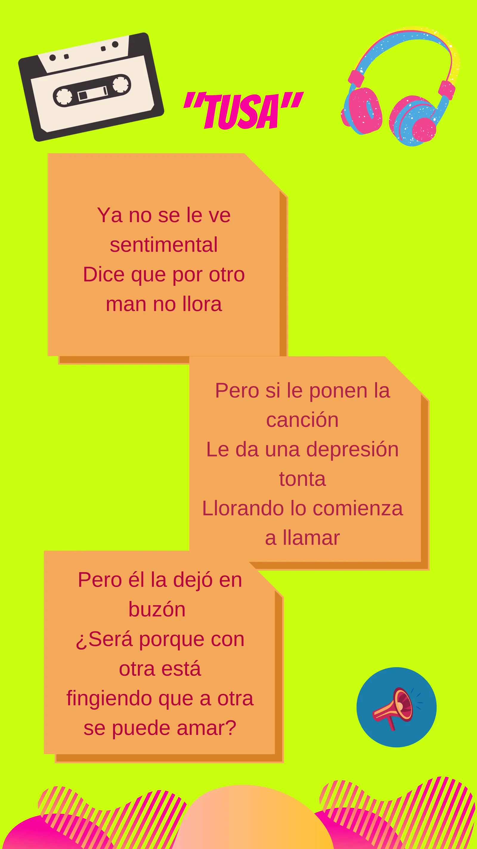 Infografía con más fragmentos de la letra de «Tusa» en recuadros sobre fondo verde lima
