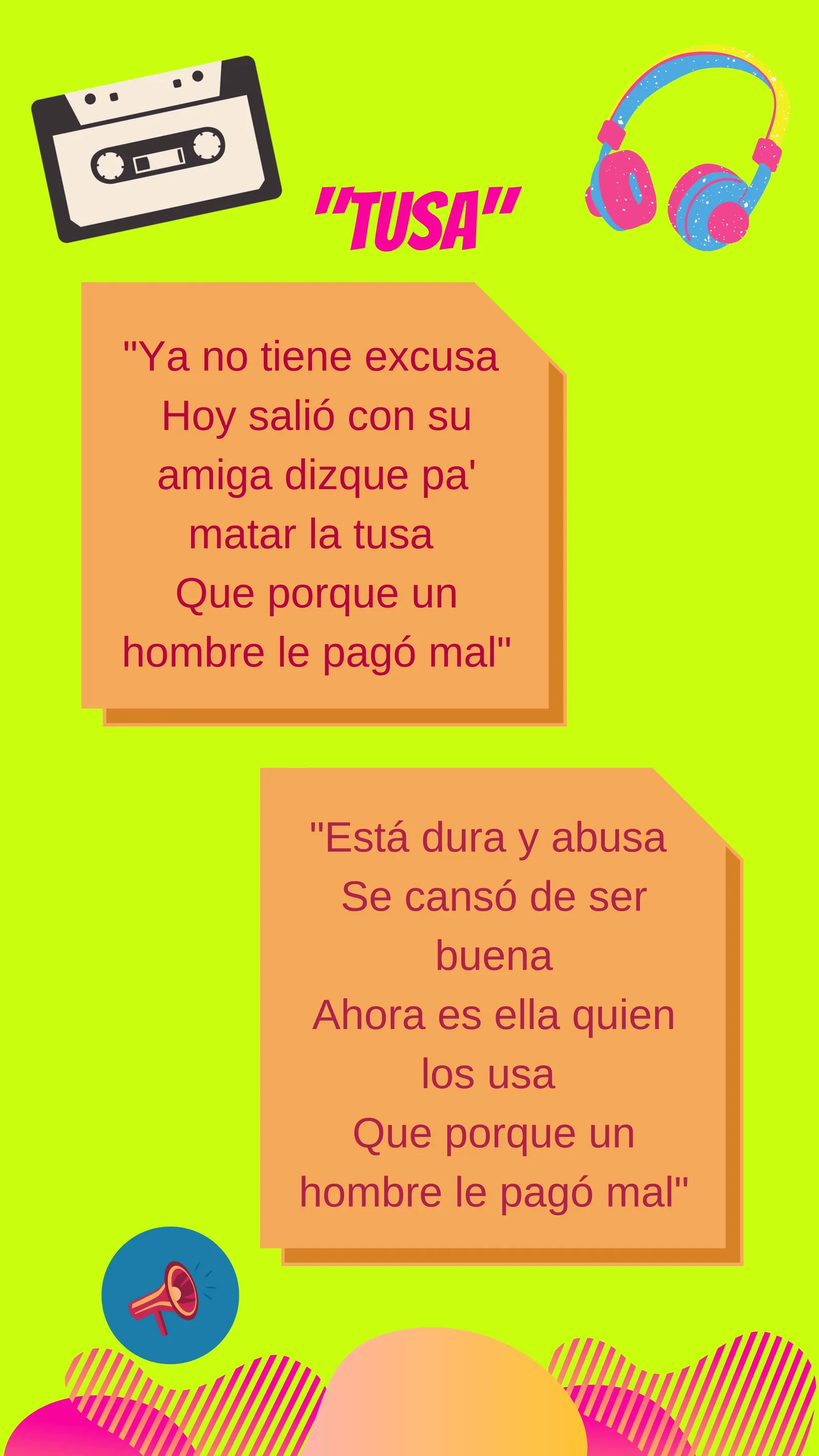 Infografía con fragmentos de la letra de «Tusa» en dos recuadros sobre fondo verde lima