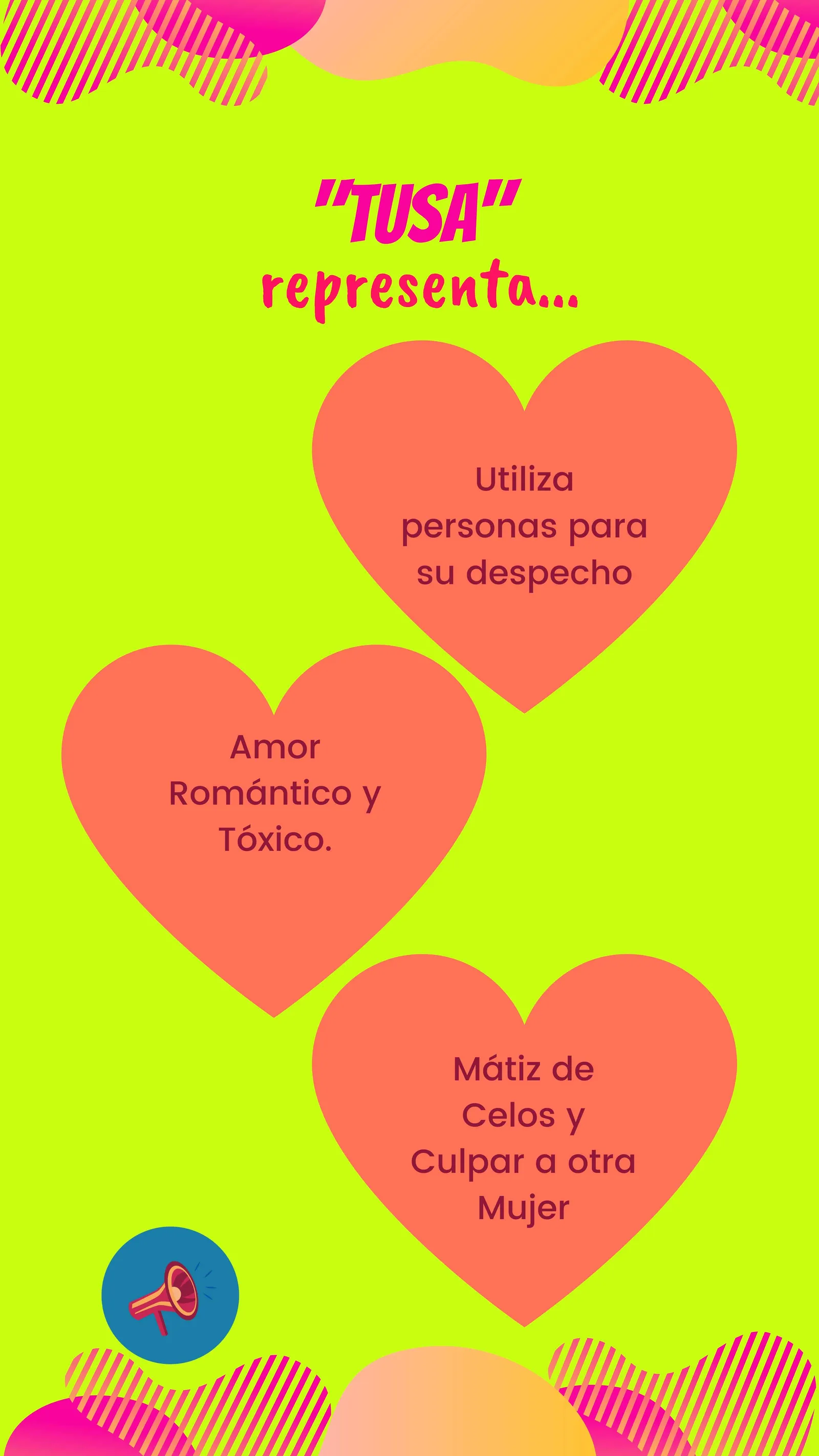 Infografía «Tusa representa…» con tres corazones: utilizar personas, amor romántico y tóxico, y celos y culpar a otra mujer