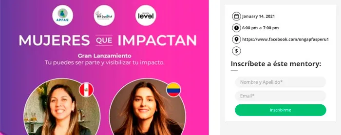 Pieza del lanzamiento de «Mujeres que impactan» con dos mujeres, los logos de APFAS y Revista Level y un formulario de inscripción
