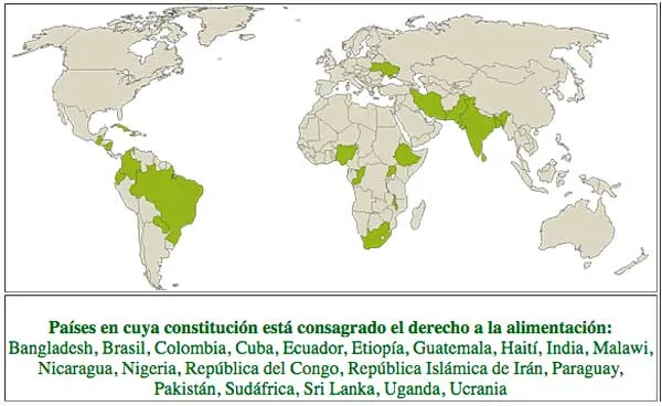 Mapamundi con países resaltados en verde donde la constitución consagra el derecho a la alimentación, entre ellos Colombia y Brasil