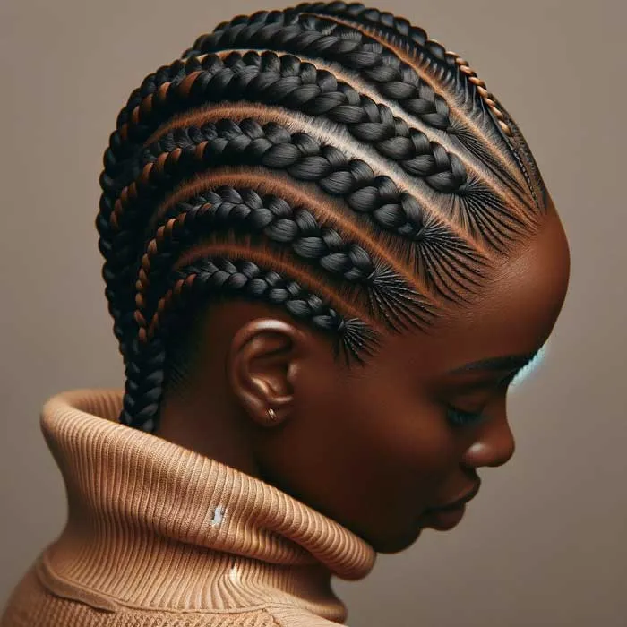 Perfil de una mujer con el cabello recogido en trenzas pegadas al cuero cabelludo y un cuello alto beige
