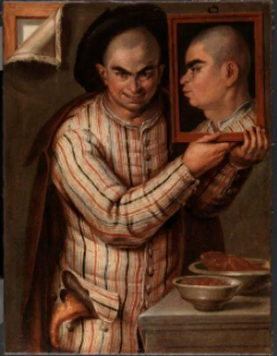 Pintura antigua de un hombre calvo con traje a rayas que sostiene un marco con su propio retrato