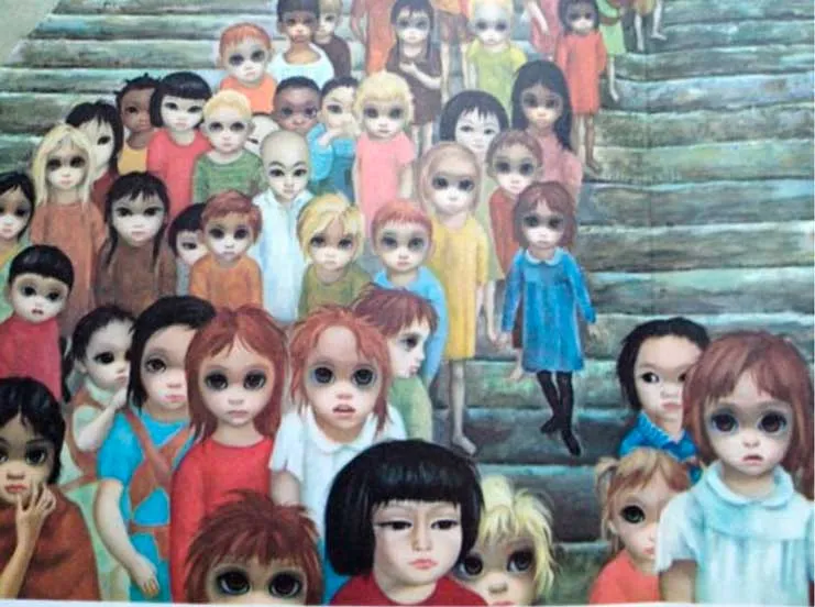 Pintura de decenas de niños de ojos enormes de pie en una escalera, en el estilo de Margaret Keane