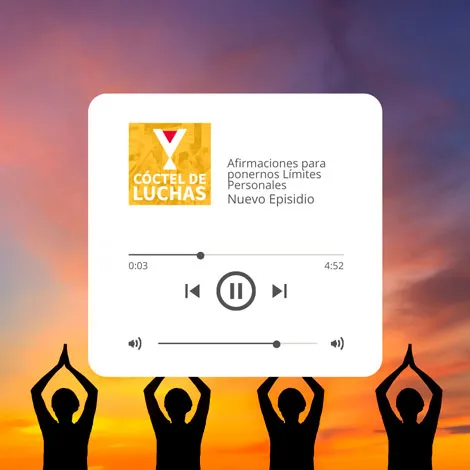 Portada del podcast «Cóctel de Luchas»: «Afirmaciones para ponernos límites personales», con siluetas en posición de yoga al atardecer