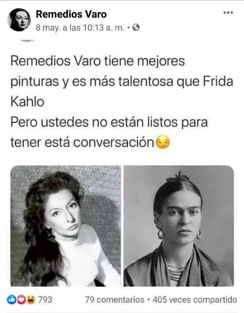 Publicación de Facebook de Remedios Varo: «Remedios Varo tiene mejores pinturas y es más talentosa que Frida Kahlo», con dos retratos