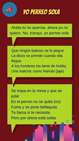 Tarjeta con fragmentos de la letra de «Yo perreo sola» en globos de diálogo verdes sobre fondo guinda