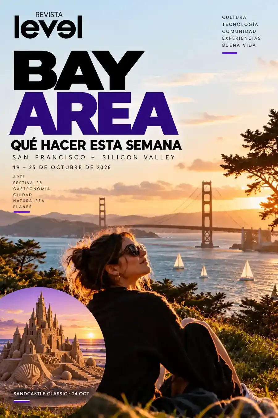 Portada de la agenda LEVEL Bay Area, 19–25 de octubre de 2026, con Sandcastle Classic como plan destacado.